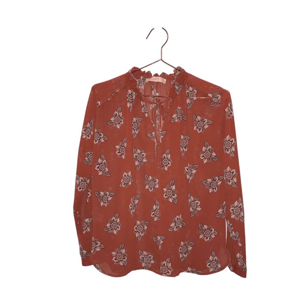 Loft Burnt Orange Floral Ruffle Tie Neck Blouse petite small